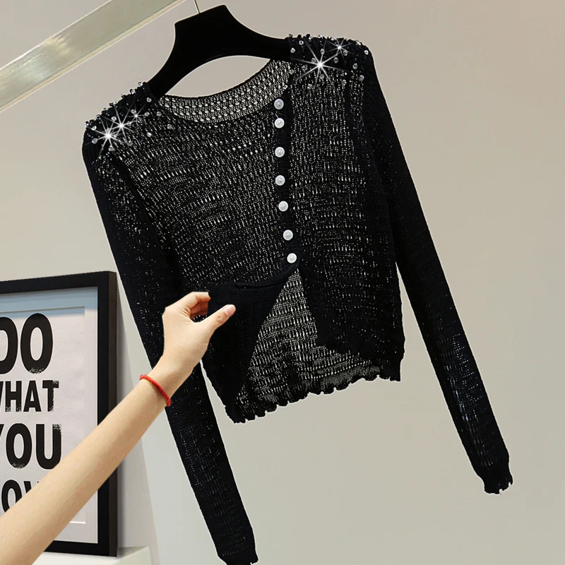 Beads Rhinestones Hollow-out Sun Protection Shirt for Women 2022 Autumn High Waist Short Thin Sweater Female Knitted Shirts Coat
Beads Rhinestones Hollow-out Sun Protection Shirt for Women 2022 Autumn High Waist Short Thin Sweater Female Knitted Shirts Coat
