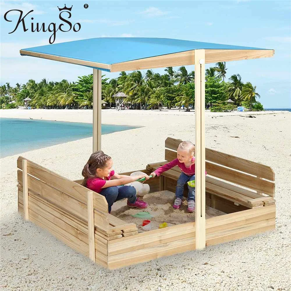

Детская деревянная песочница KINGSO с крышкой, деревянная уличная песочница, регулируемый навес, скамейка, сиденья, сад, детская игра, песочниц...