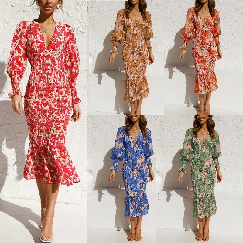 2023 Spring Autumn Temperament Fashion Print Women's Bodycon Dress Sexy Deep V Neck Ruffel Patchwork Elastic Waist Ladies Dress
2023 Spring Autumn Temperament Fashion Print Women's Bodycon Dress Sexy Deep V Neck Ruffel Patchwork Elastic Waist Ladies Dress