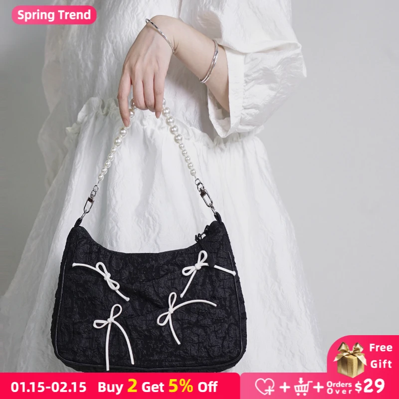 Vintage Pearl Chain Women's Shoulder Messenger Bags Large Capacity Ladies Underarm Bag Fashion Bow Black Baguette Purse Handbags
Vintage Pearl Chain Women's Shoulder Messenger Bags Large Capacity Ladies Underarm Bag Fashion Bow Black Baguette Purse Handbags