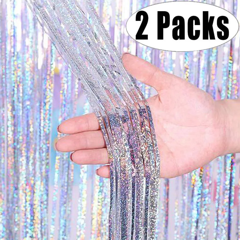 

2Pack 2X1M Glitter Party Backdrop Metallic Foil Tinsel Fringe Curtain Birthday Wedding Bachelorette Decoration Adult Anniversary