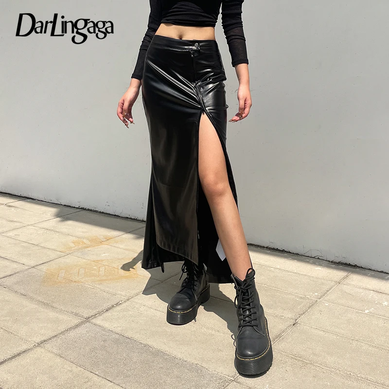 

Darlingaga Asymmetrical Folds Black Leather Skirt Ladies Elegant Folds Zipper Sexy Long Skirt Clubwear Party Fashion Slit Bottom