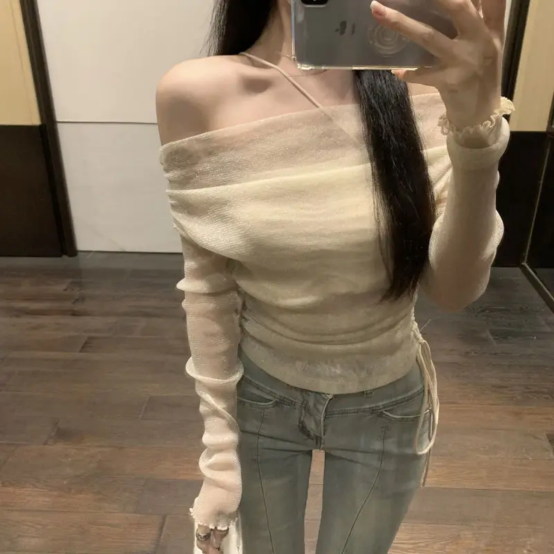 One-line Shoulder Long-sleeved Drawstring Chiffon Shirt Women's Summer French Gauze Tight Show Slim Mid-length Top
One-line Shoulder Long-sleeved Drawstring Chiffon Shirt Women's Summer French Gauze Tight Show Slim Mid-length Top