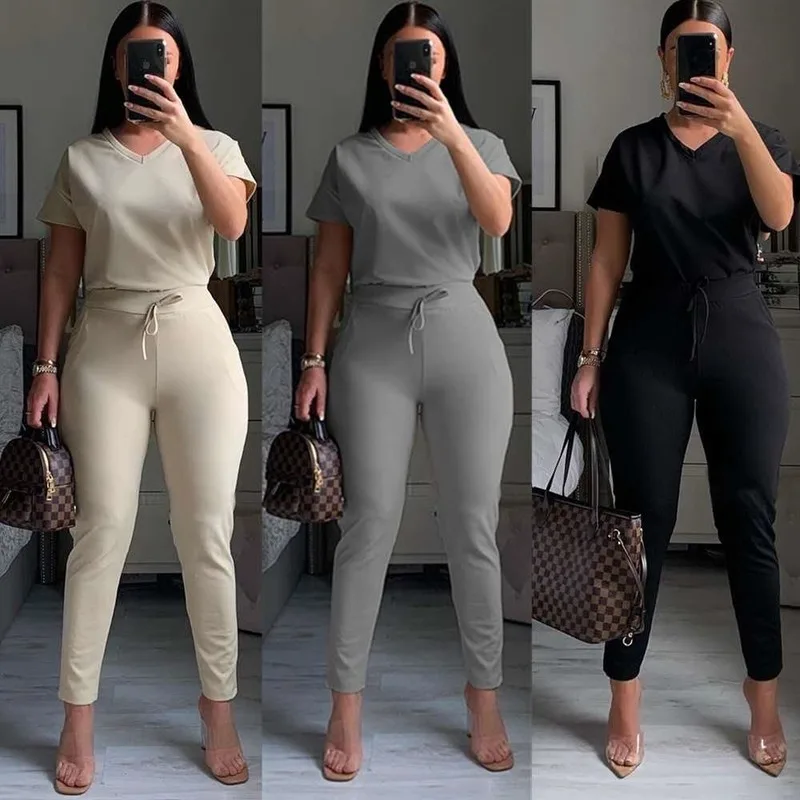 2022 New Women's V-Neck Loose Short-Sleeved Shirt High-Waist Lace-Up Slim Trousers Solid Color Leisure Sports Two-Piece Suit
2022 New Women's V-Neck Loose Short-Sleeved Shirt High-Waist Lace-Up Slim Trousers Solid Color Leisure Sports Two-Piece Suit