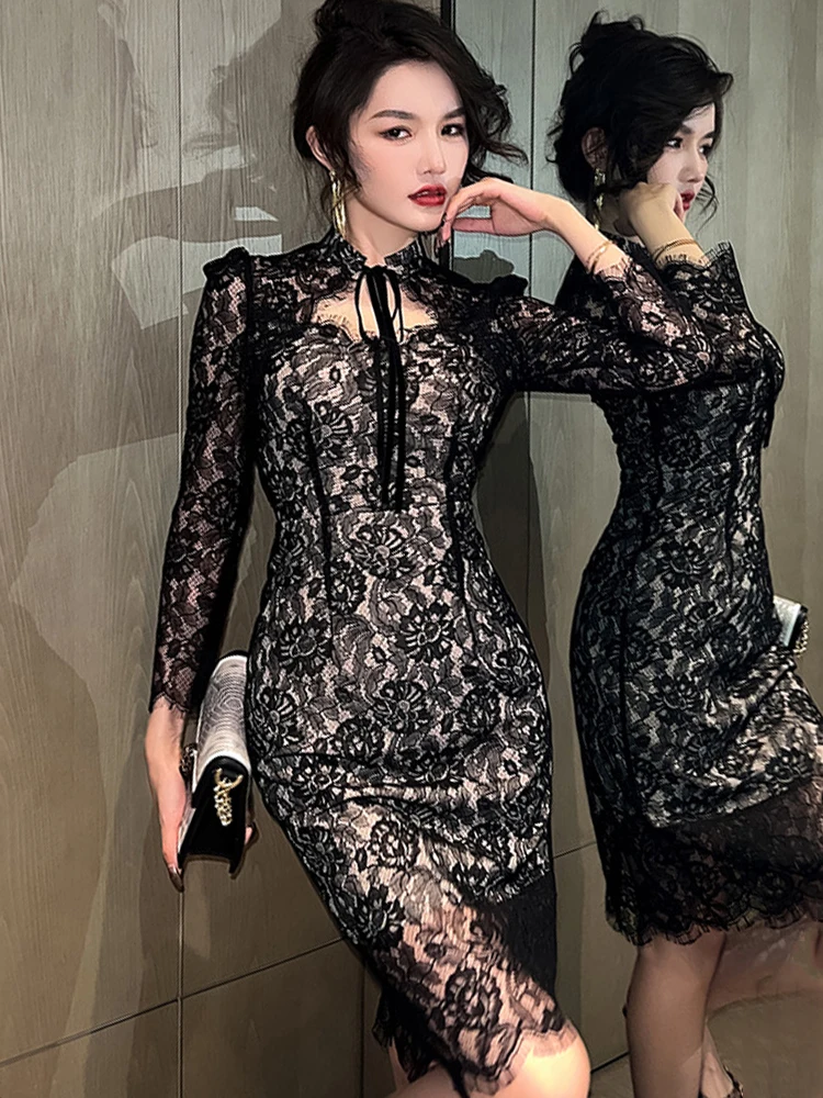 Spring Autumn Elegant Women Evening Dress Chic Black Lace See Through Sexy Stand Neck Slim Midi Party Gown Robe Mujer Vestidos
Spring Autumn Elegant Women Evening Dress Chic Black Lace See Through Sexy Stand Neck Slim Midi Party Gown Robe Mujer Vestidos