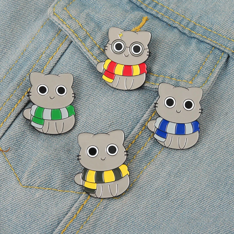 

Cat Magic School Enamel Pin Custom Witchcraft Cute Kitten Striped Scarf Brooch Lapel Badge Animals Jewelry Gift for Fans Friends