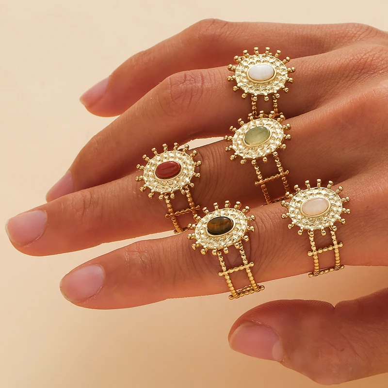 Sunflower Natural Stone Stainless Steel Rings For Women Luxury Hollow Geometric Finger Ring Open Adjustable Ring Fashion Jewelry
Sunflower Natural Stone Stainless Steel Rings For Women Luxury Hollow Geometric Finger Ring Open Adjustable Ring Fashion Jewelry