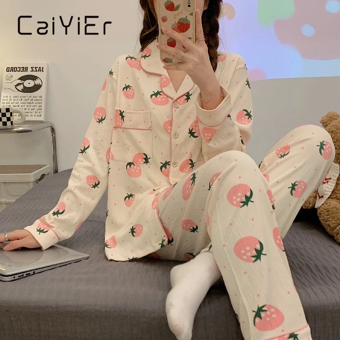 

CAIYIER Korean Nightwear Autumn Winter Peach Girls Pajamas Set Cardigan Tops Elastic Waist Trousers Sleepwear Suit Loungewear