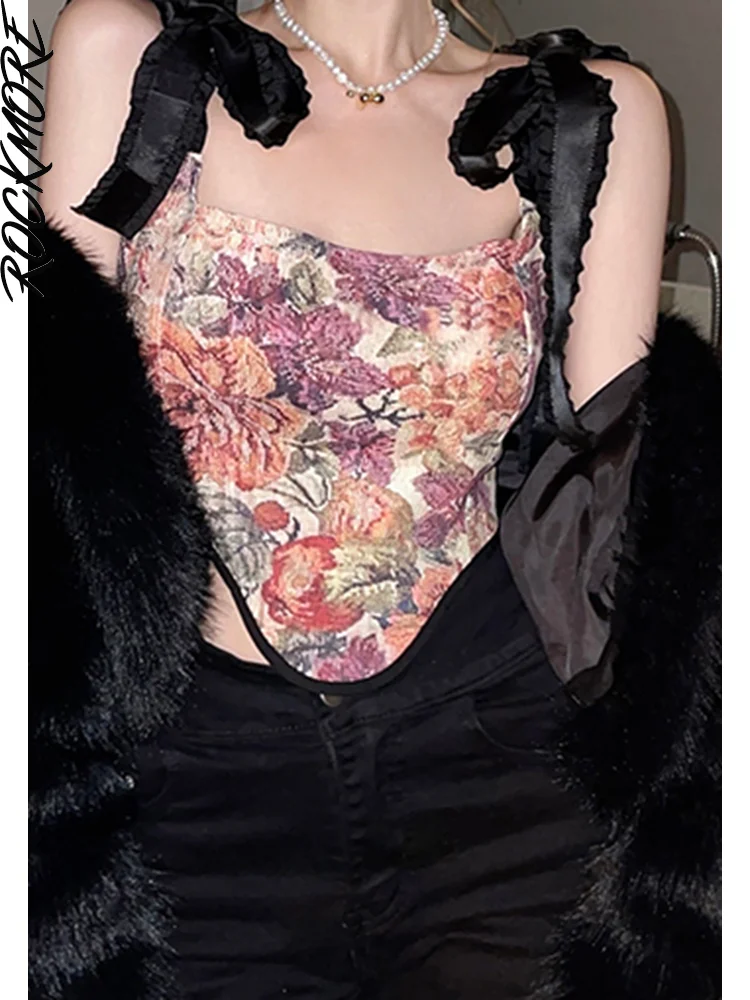 

Женский винтажный жаккардовый Топ Rockmore Y2K с открытой спиной и шнуровкой, Летний милый облегающий корсет, сексуальный топ на бретелях, гранж