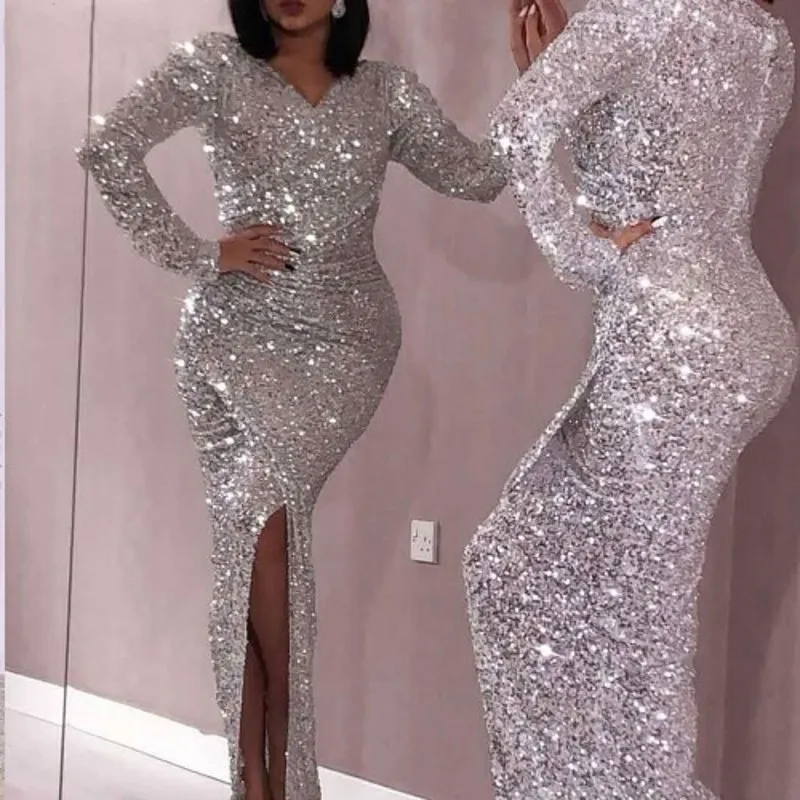 

Sexy Silver Evening Dresses Formal Dress robe de soiree Evening Gowns Sequin Side Slit V Neck vestido de festa longo 2021