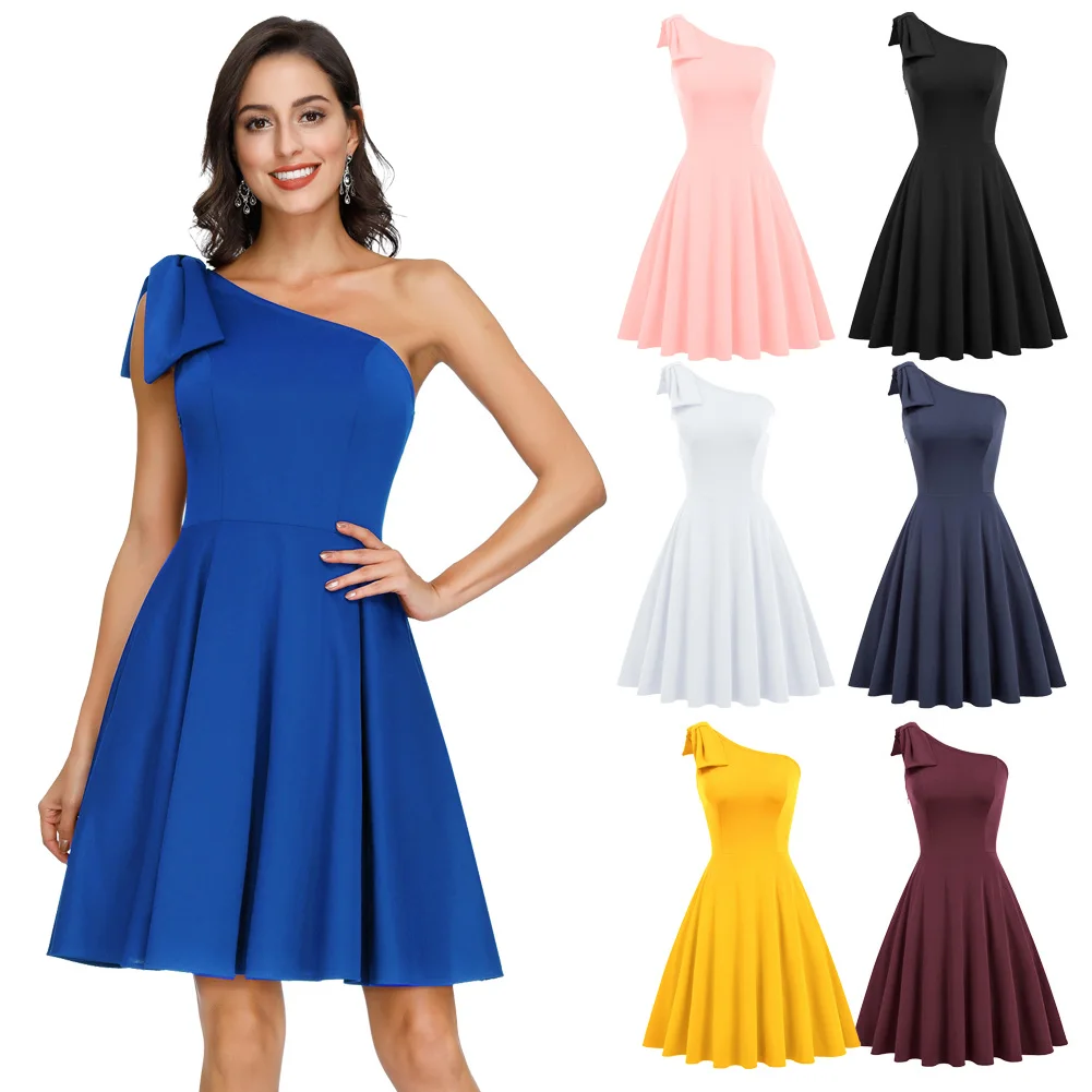Sexy Dress Women's Bow-Knot Decorated Asymmetric One Shoulder Flared A-Line Evening Party Vintage Dress New
Sexy Dress Women's Bow-Knot Decorated Asymmetric One Shoulder Flared A-Line Evening Party Vintage Dress New