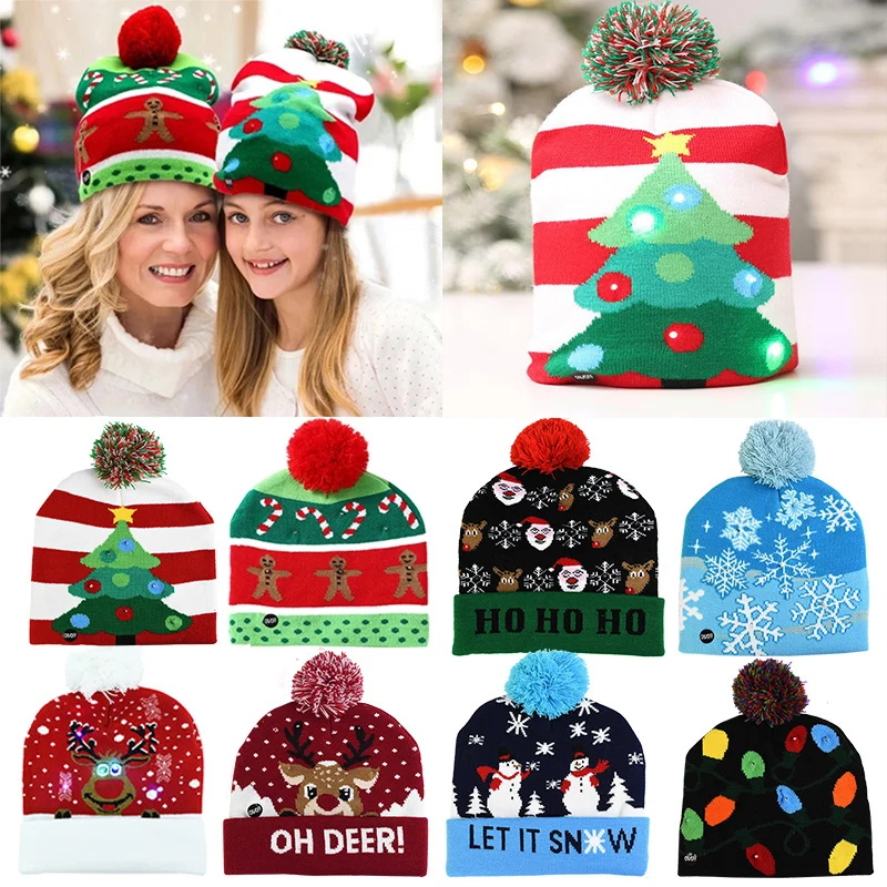 

LED Christmas Red Plush Hat Luminous Sweater Santa Claus Hats Deer Elk Cartoon Warm Cap Xmas Gift Home Navidad New Year Decor
