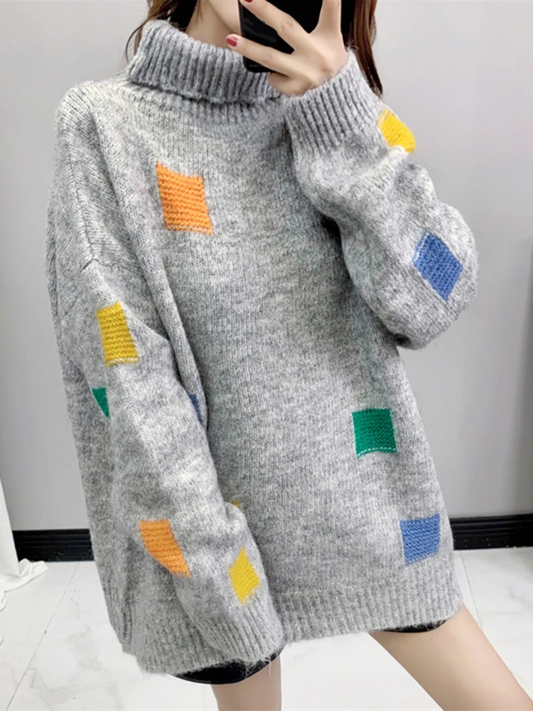 Gray Turtleneck Pullover Women Fall Winter Top Fashion Geometric Patterns Knitted Long Sleeve Sweater Woman Korean Loose Sweater
Gray Turtleneck Pullover Women Fall Winter Top Fashion Geometric Patterns Knitted Long Sleeve Sweater Woman Korean Loose Sweater