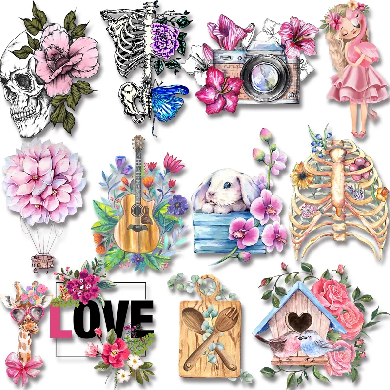 

English Letter Love With Flower Skull Skeleton Cute Bunny Little Girl Images Ironing Stickers Transfer On Shirts Vinyl Patches