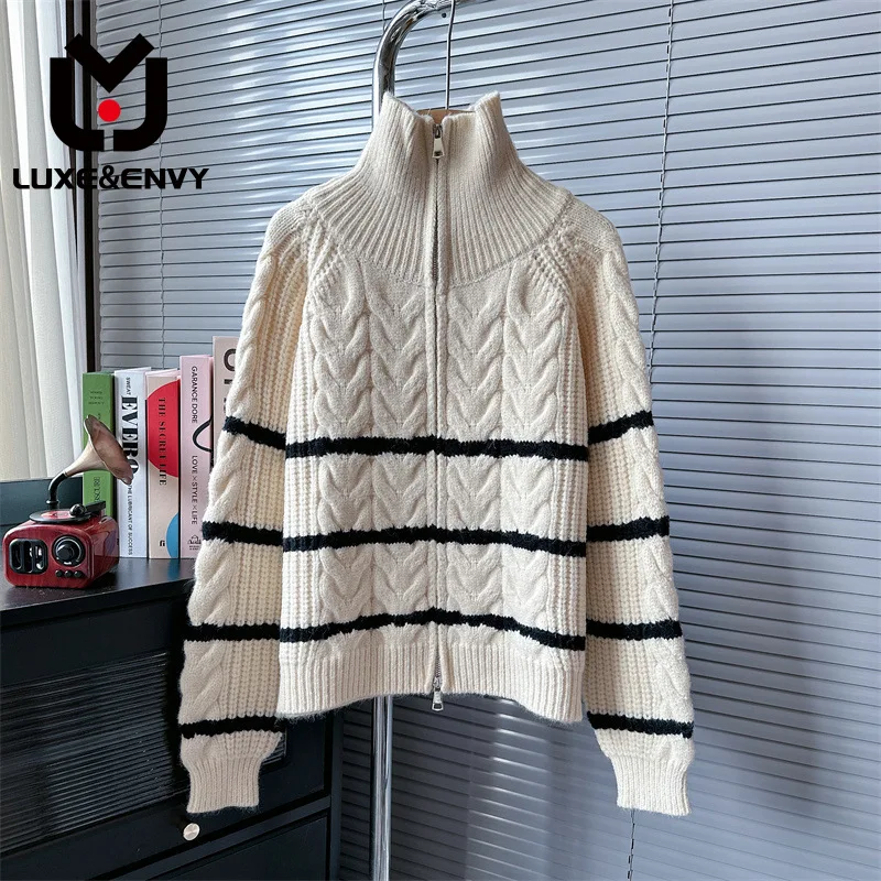 

Роскошный & ENVY контрастный полосатый жареный тесто скрученный свитер на молнии с высоким воротником корейский стиль женское пальто осень 2023