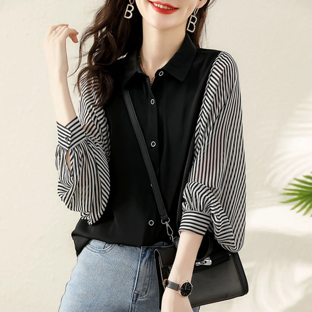 Women's Blouse Spring Korean Fashion Lantern Sleeve Casual Loose Thin All-match Top Temperament Chiffon Stitching Striped Shirt
Women's Blouse Spring Korean Fashion Lantern Sleeve Casual Loose Thin All-match Top Temperament Chiffon Stitching Striped Shirt
