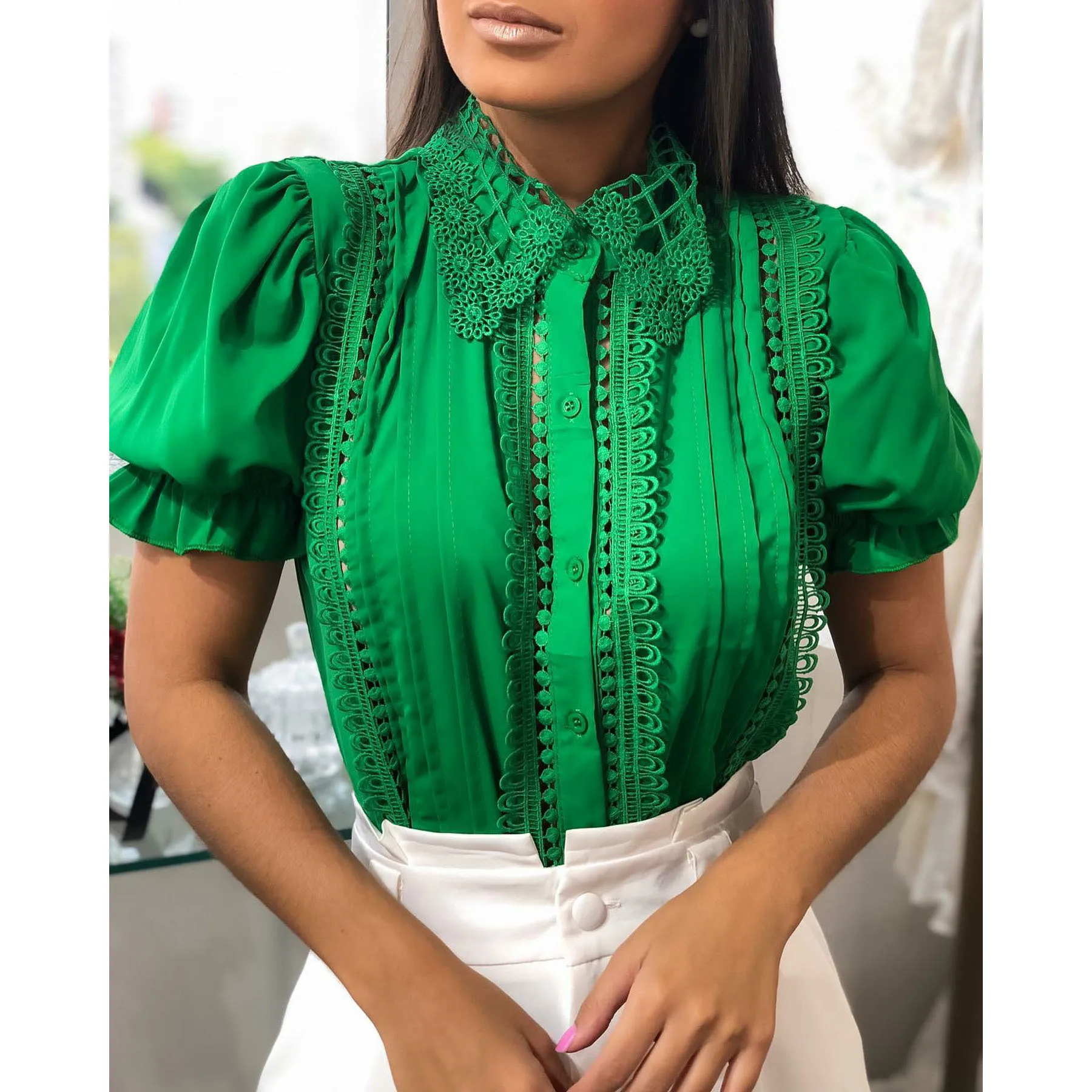 Women Buttoned Short Sleeve Rurn Down Neck Skinny Blouse Office Lady Outfits Contrast Lace Shirt
Women Buttoned Short Sleeve Rurn Down Neck Skinny Blouse Office Lady Outfits Contrast Lace Shirt