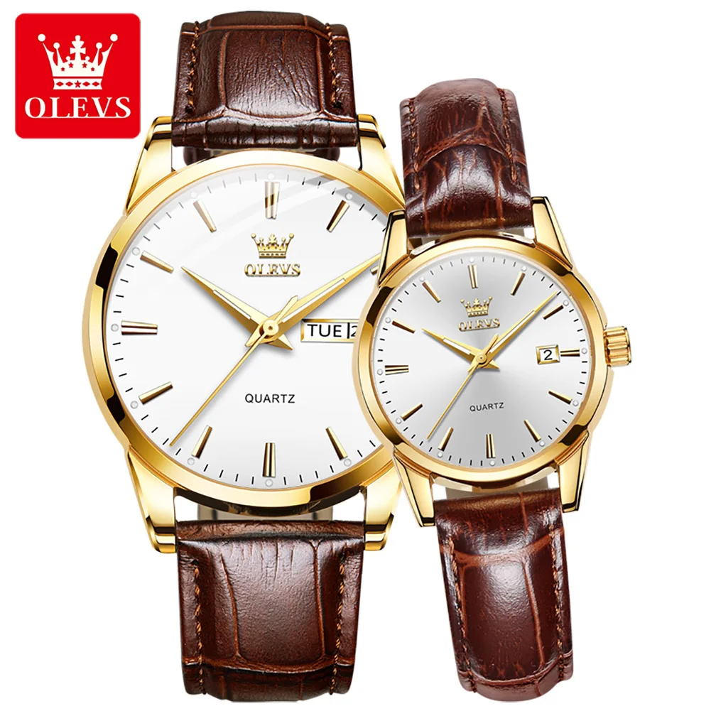 

OLEVS 6898 High Quality Exquisite Waterproof Watches For Couple, Fashion PU Strap Quartz Couple Wristwatch Luminous Calendar