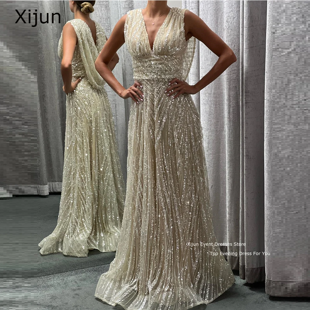 

Xijun Sparkly Lace Evening Dresses V-Neck Prom Gowns Long Gogerous Sequined Formal Occasion Prom Dress Dubai A-Line Party Dress