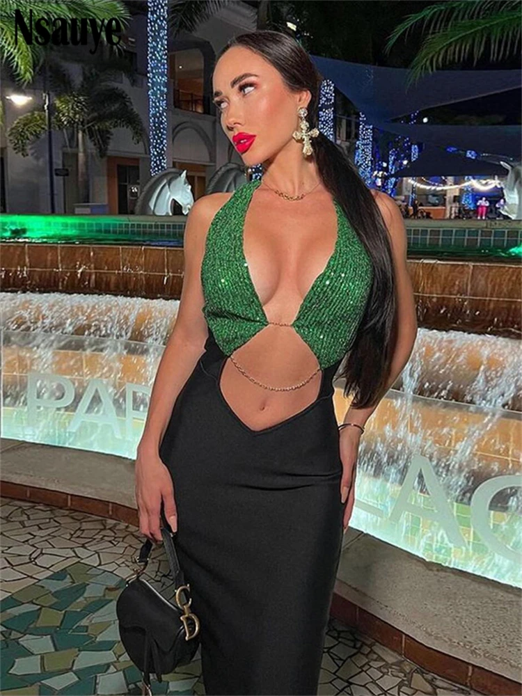 Nsauye Halter Low Cut Sexy Hollow Out Black Sequins Backless Maxi Dresses Women Sleeveless Evening Party Club Long Dress Summer
Nsauye Halter Low Cut Sexy Hollow Out Black Sequins Backless Maxi Dresses Women Sleeveless Evening Party Club Long Dress Summer