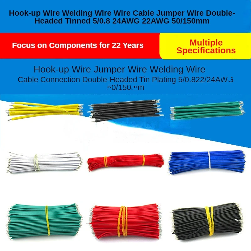 100pcs Wire, Jumper, Welding Wire, Electronic Connecting Wire, Double-end Tinned 5/0.8 22/24AWG 50/150mm
100pcs Wire, Jumper, Welding Wire, Electronic Connecting Wire, Double-end Tinned 5/0.8 22/24AWG 50/150mm