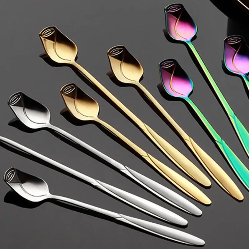 

2/4/5PCS Rainbow Color Tea Spoon Vingtage Rose Ice Cream Dessert Spoons Stainless Steel Teaspoon Kitchen Accessories 13/15/17cm