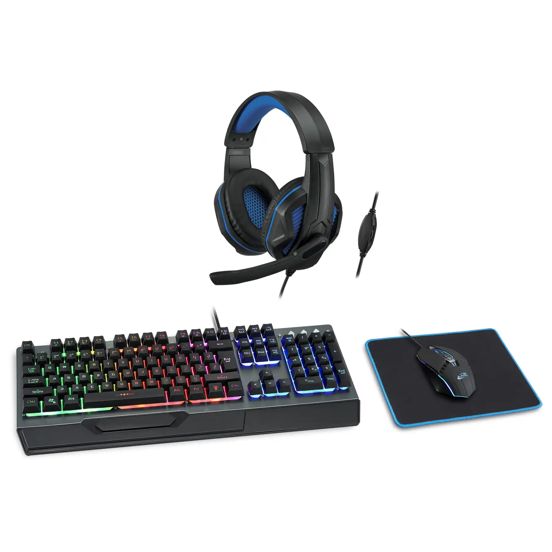 Wired Gaming Kit with Headphone, LED Back-Lit Keyboard, LED Lighted Mouse, Mouse Pad, , IAGMK20VP
Wired Gaming Kit with Headphone, LED Back-Lit Keyboard, LED Lighted Mouse, Mouse Pad, , IAGMK20VP