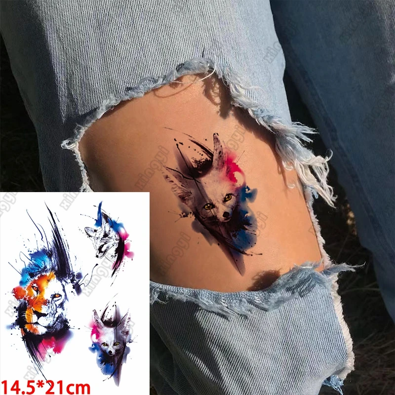

Waterproof Temporary Tattoo Sticker Animal Color Lion Fox Tatto Warrior Dragon Flower Body Art Fake Arm Sleeve Tattoos Women Men