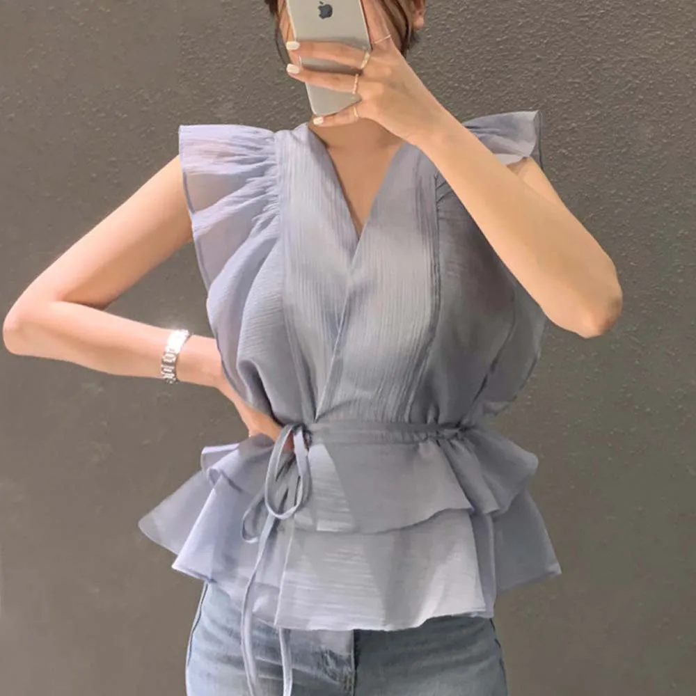 Women Blouse V-Neck Tie Waist Mesh See-Through Ruffle Shirt Sleeveless Top Elegant Chic 2022 Summer New Ladies Top Korea Japan
Women Blouse V-Neck Tie Waist Mesh See-Through Ruffle Shirt Sleeveless Top Elegant Chic 2022 Summer New Ladies Top Korea Japan