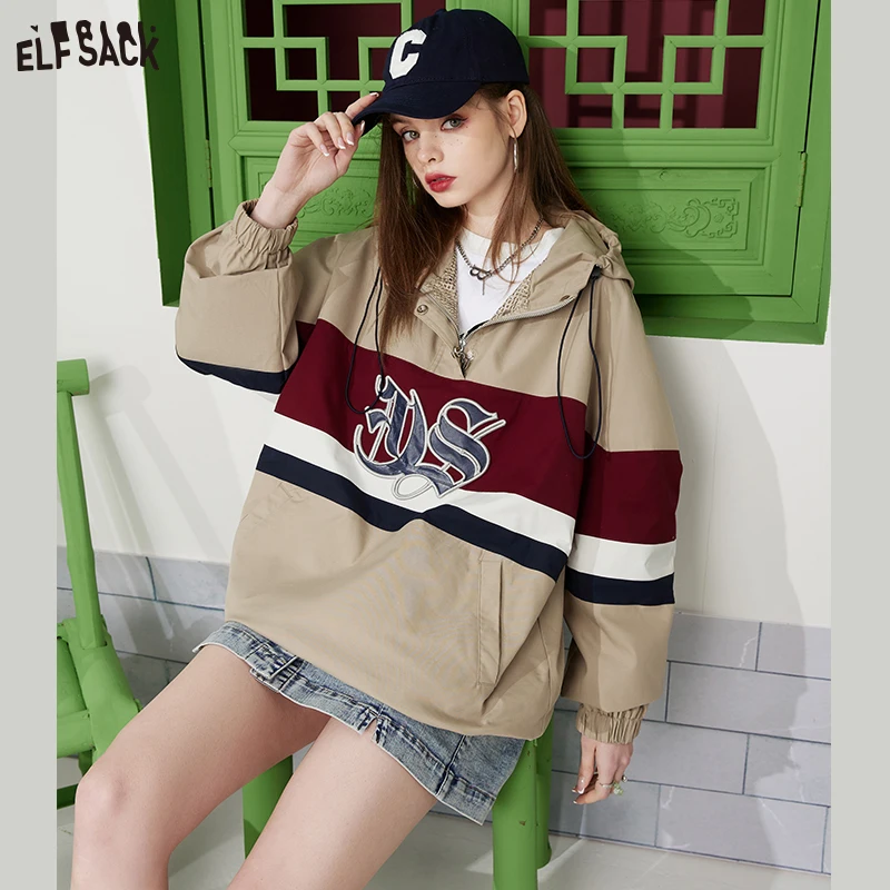

ELFSACK Panelled Spliced Pullover Coats Woman 2023 Spring New Loose Casual Outwears