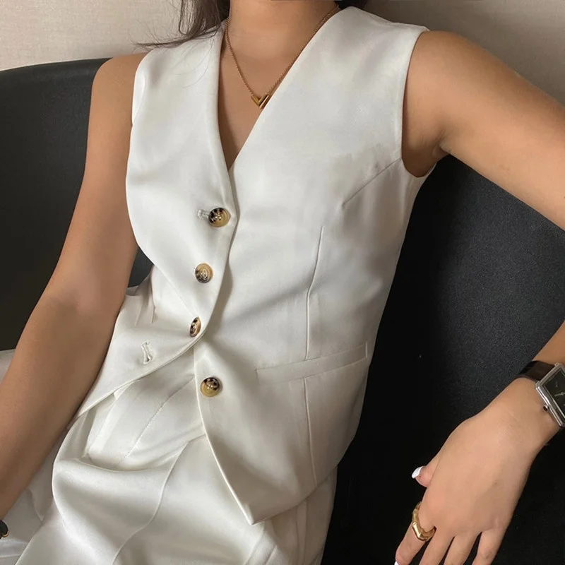 

Women's Suit Vest Jacket Nylon Blended V Neck Solid Black White Short Vest Korean Slim-Fitting For Casual Vest Clothing 2021