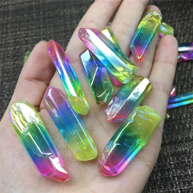 

Rainbow Electroplated Titanium Aura Crystal Wand Point Healing Natural Quartz Stone Mineral Specimen Home Room Jewelry Accessor