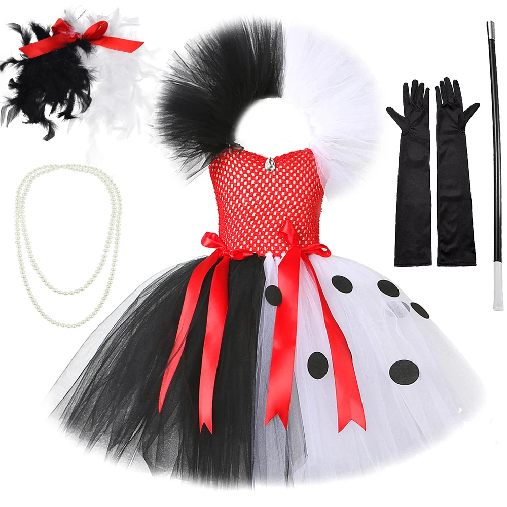 

Girl Cruella Deville Tutu Dress For 101 Dalmatians Villain Halloween Costume Kids Vintage Polka Dots Cosplay Fancy Dresses 1-12Y