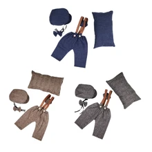 Newborn Costume Photography Clothes Vintage Uniform Beret Hat Suspender Pants Photo Shooting Props Photo Posing Pillow