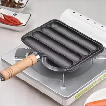 Cast Iron Sausage Pan Non-sticky Steak Frying Pan Portable Square Gas Stoves Grill Pan Wooden Handle Home Kitchen Accessories