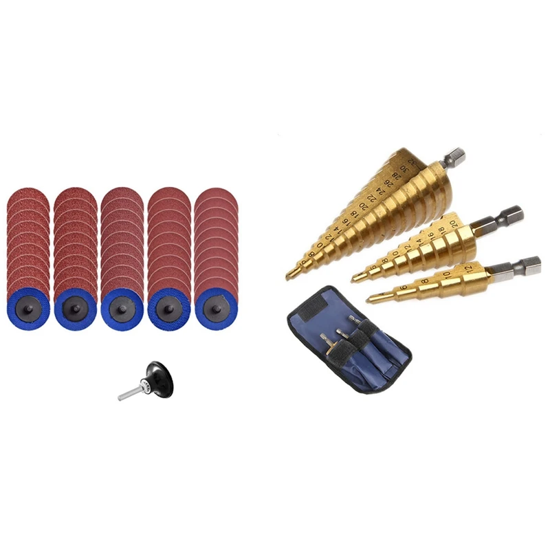 3Pcs Hss Step Cone Taper Drill Bit Set & 50Pcs Roloc Quick Change Discs 2 Inch Sanding Discs With 1/4Inch Holder
3Pcs Hss Step Cone Taper Drill Bit Set & 50Pcs Roloc Quick Change Discs 2 Inch Sanding Discs With 1/4Inch Holder