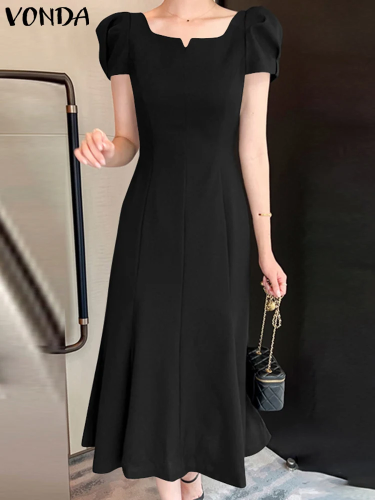 

Женское длинное платье VONDA 2023, элегантный однотонный Летний Пляжный сарафан с коротким рукавом, повседневное свободное пикантное миди-платье с квадратным вырезом
