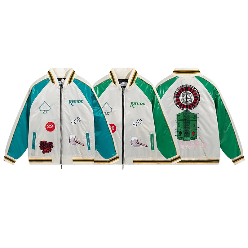 

Rhude Applique Embroidered Bomber Jacket Short Coat Autumn Winter 2022 High Quality Men Zipper Pocket Coat