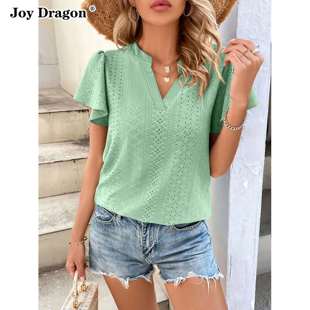 Summer 2023 New Fashion Women Shirt Hollow Out Ruffle Short Sleeve V Neck Solid Color Casual Pullover Loose Basic Slim Tops
Summer 2023 New Fashion Women Shirt Hollow Out Ruffle Short Sleeve V Neck Solid Color Casual Pullover Loose Basic Slim Tops