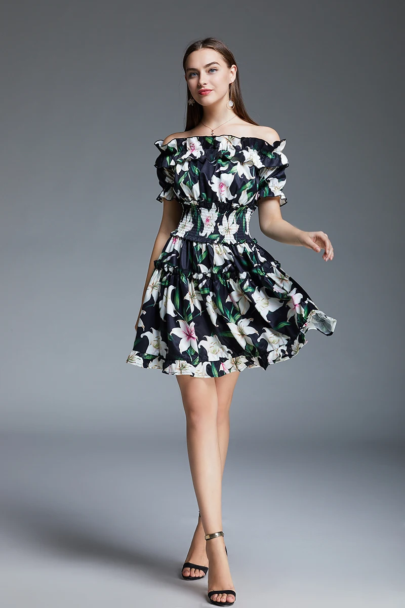 Hot Sale Designer Lily Floral Print Short Dress Women Off Shoulder Slash Neck Ruffles Elastic Waist Beach Casual Vestidos
Hot Sale Designer Lily Floral Print Short Dress Women Off Shoulder Slash Neck Ruffles Elastic Waist Beach Casual Vestidos