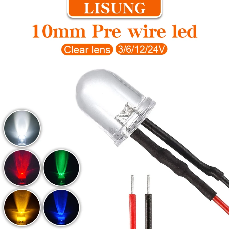 

Dc 3v 6v 12v 24v Single Pre Wire 10mm Led Light Red White Blue Yellow Lamp Diodes Led Prewired Wired Emitting Diode With Lead