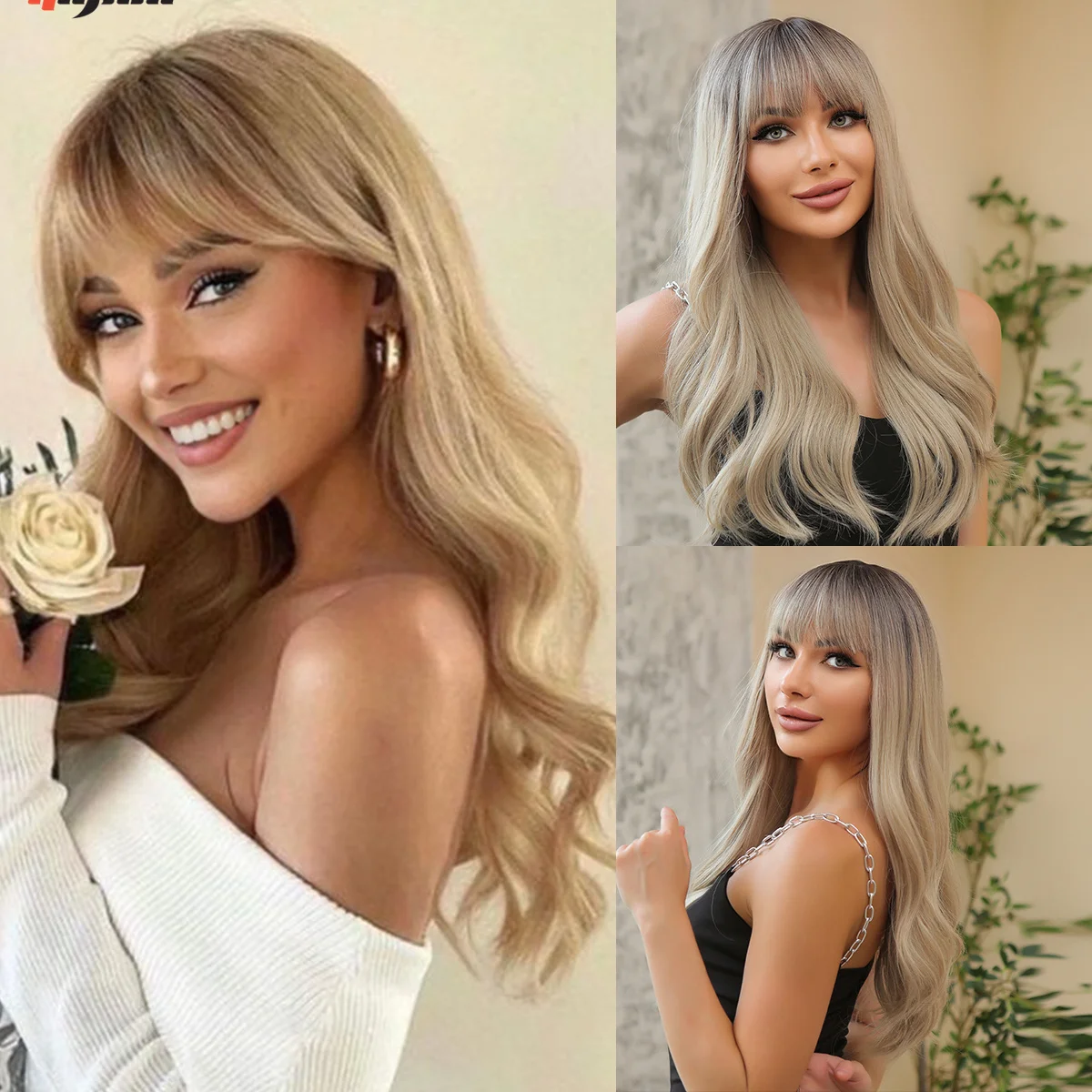 

Brown to Platinum Ombre Synthetic Wigs Long Wavy Hair Wigs with Bang for Women Cosplay Party Wigs Natural Heat Resistant Fibre