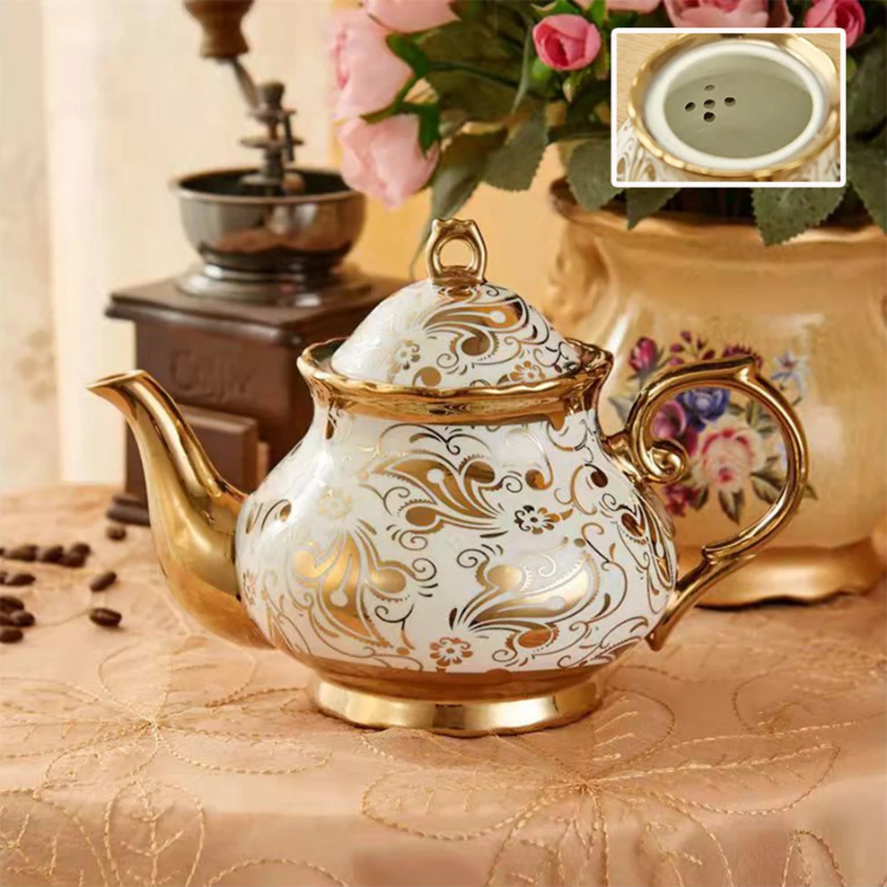 

Gold Plated Ceramic Coffee Pot 1000ml Home Explosion-Proof Cold Kettle Porcelain Teapot With Filter Hole European Style Tea Set