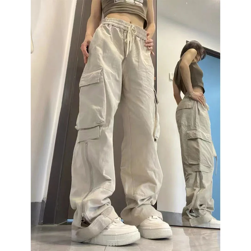 

Женские брюки-карго с большими карманами Y2k, с высокой эластичной талией и завязками, мешковатые брюки, винтажные повседневные свободные прямые брюки с боковой молнией
