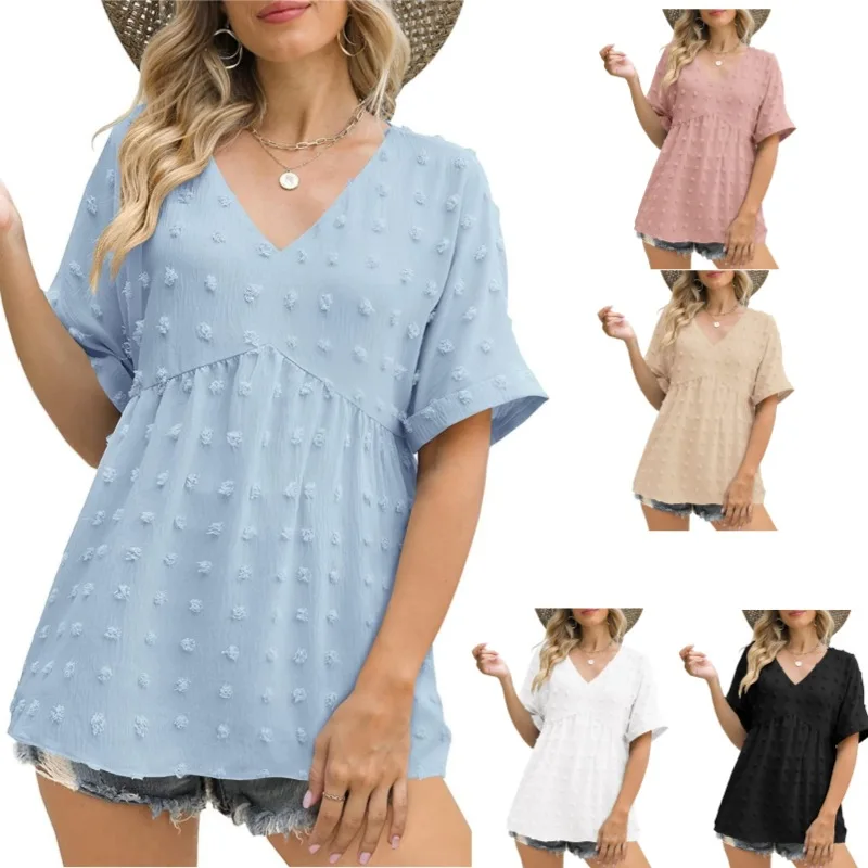 

Women's V-neck Shirt Summer Jacquard Ball Solid Color Thin Short Sleeve Loose Fitting Pullover Chiffon Casual Top