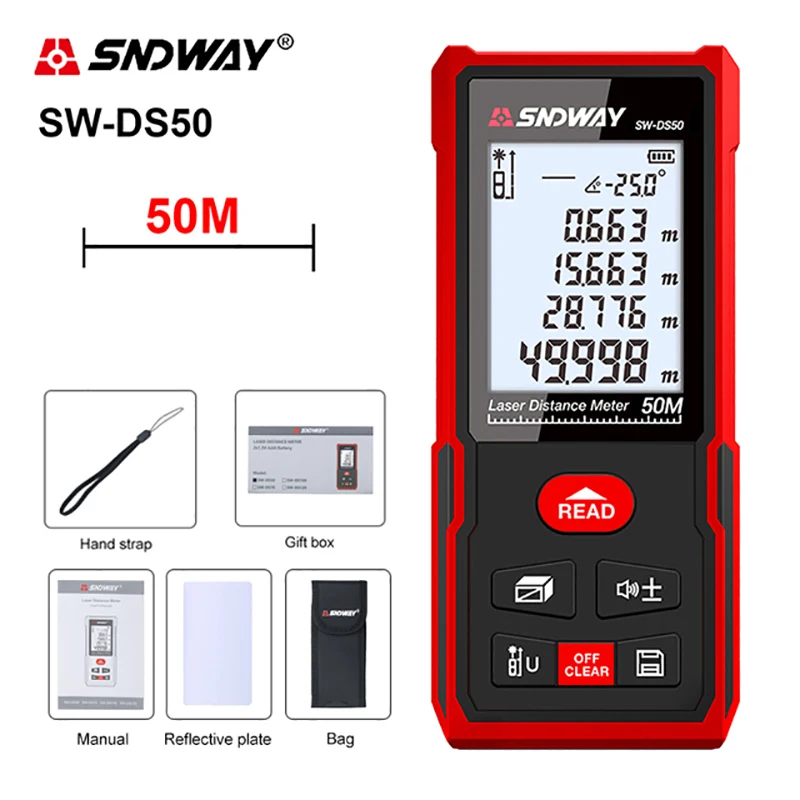 SNDWAY Laser rangefinder 40M 100M Laser Tape Measure Digital Roulette Range Finder With Distance/Area/Volume/Self-calibration
SNDWAY Laser rangefinder 40M 100M Laser Tape Measure Digital Roulette Range Finder With Distance/Area/Volume/Self-calibration