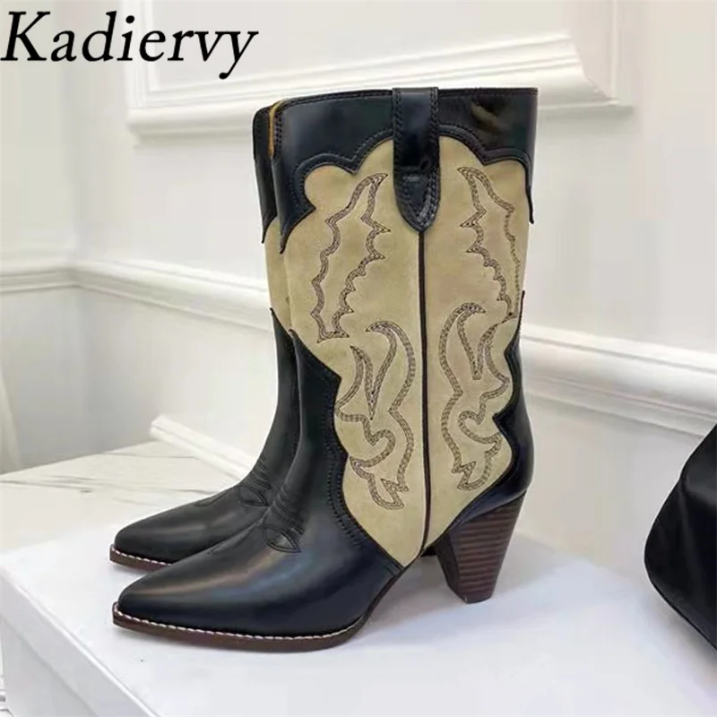 

Embroidery Western Cowboy Boots Women Pointed Toe Slip-On Booties Female Cow Suede Spike Heels Short Boots Woman Runway Shoes