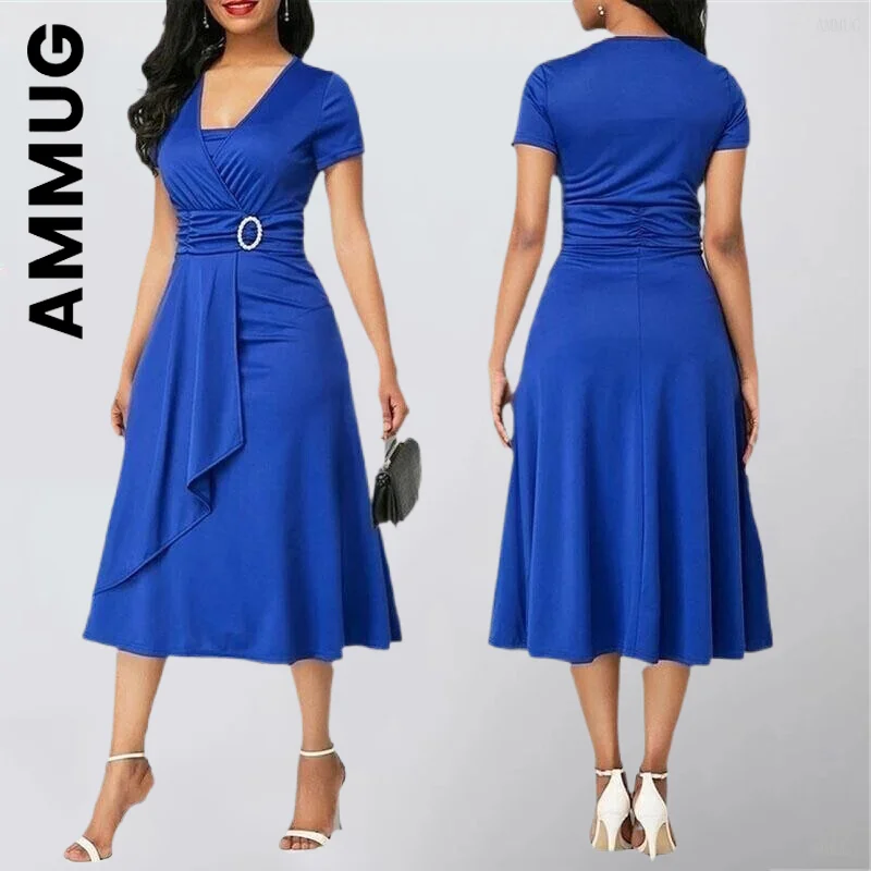 Однотонное новое платье для женщин с коротким рукавом, V-образным вырезом, асимметричным подолом и поясом, вечернее платье-миди, эластичные ... 
Однотонное новое платье для женщин с коротким рукавом, V-образным вырезом, асимметричным подолом и поясом, вечернее платье-миди, эластичные ...
