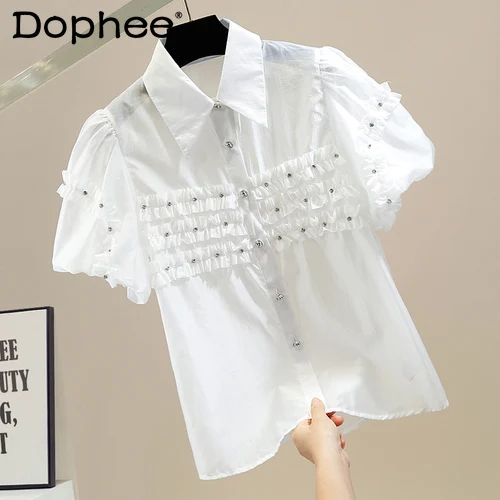 Exquisite Rhinestone Sweet Pleated RufflesPatchwork White Shirt Lady Retro Short Lantern Sleeve Single-Breasted Loose Top Women
Exquisite Rhinestone Sweet Pleated RufflesPatchwork White Shirt Lady Retro Short Lantern Sleeve Single-Breasted Loose Top Women