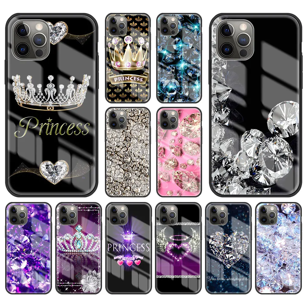 

Diamond Crown Printing Tempered Glass Case For iPhone 11 12 13 Pro XS Max 13Mini X XR Hard Case For iPhone 7 8 Plus SE2 Fundas